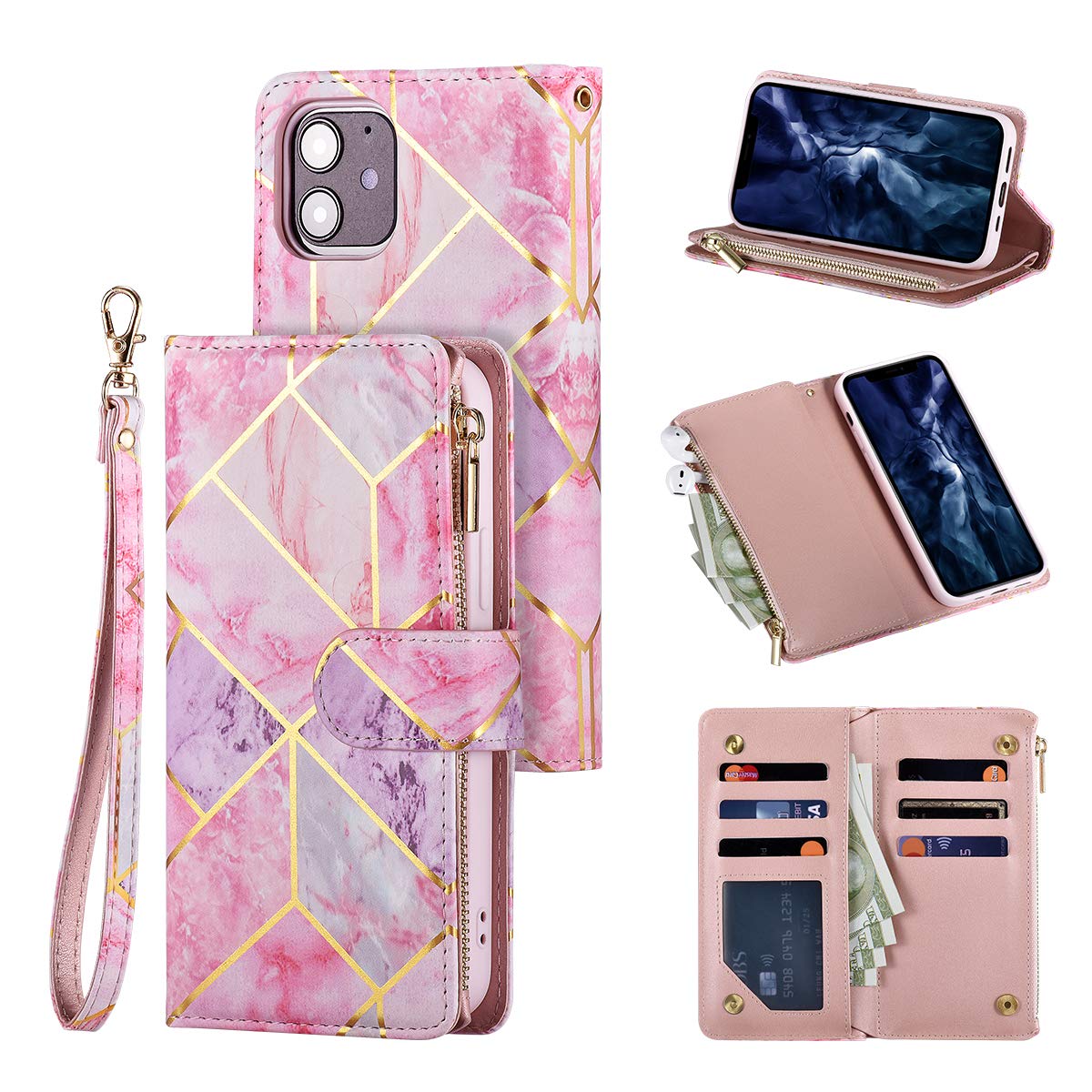 UEEBAI Wallet Case for iPhone 12 iPhone 12 Pro 6.1 inch, Premium PU Leather Magnetic Closure Geometric Marble Pattern Handbag Zipper Pocket Case Kickstand Card Slots Shockproof Flip Cover -Pink&Purple — image 1