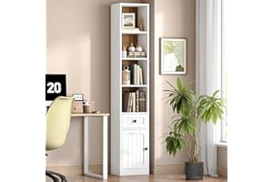 HOOBRO 70.9"-Inch Tall Bookcase, 4-Tier Open Shelf with 1 Drawer and 1 Cabinet, Freestanding Narrow Bookcase, Display Shelf f