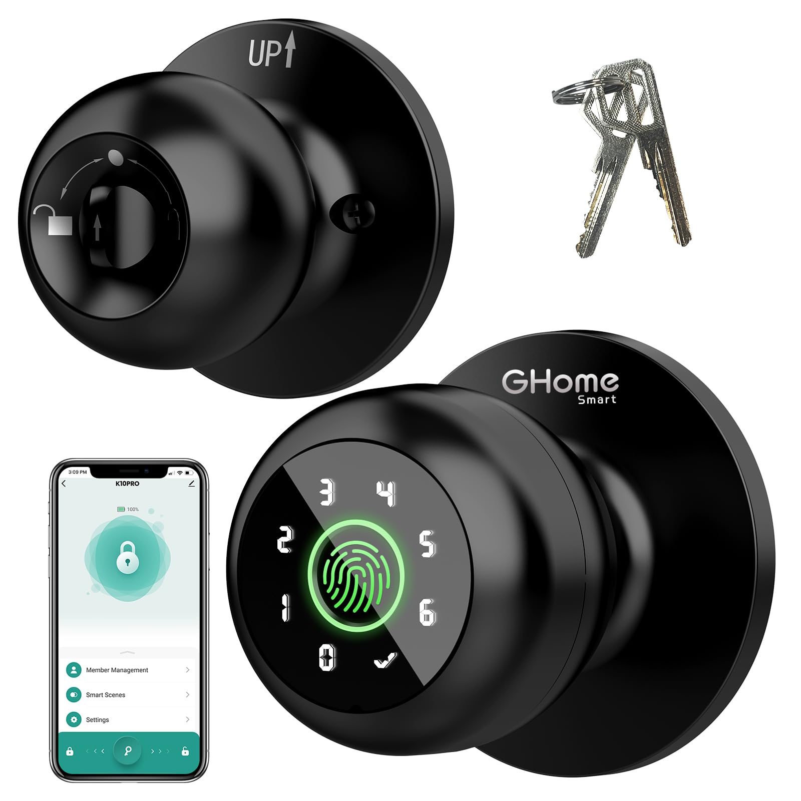 Photo 1 of GHome Smart Fingerprint Door Lock, 4 in 1 Smart Fingerprint Door Knob with Keypad, App Control, Auto Lock, Biometric Door Knob with Lock for Bedroom, Apartment, Garage, Home & Office