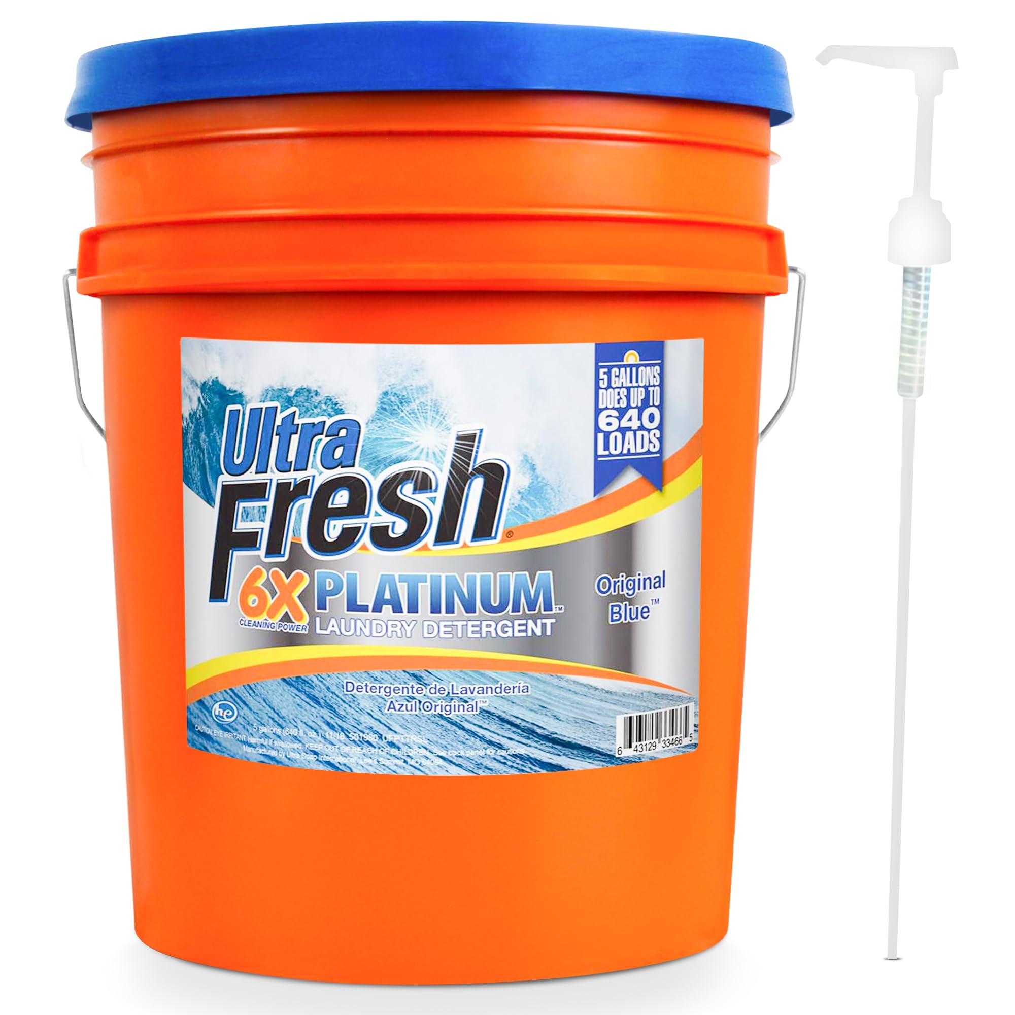 Ultra Fresh 5 Gallon Liquid Laundry Detergent Washing Soap for All Machine Types, 6X Platinum, Up to 640 Loads, Original Blue