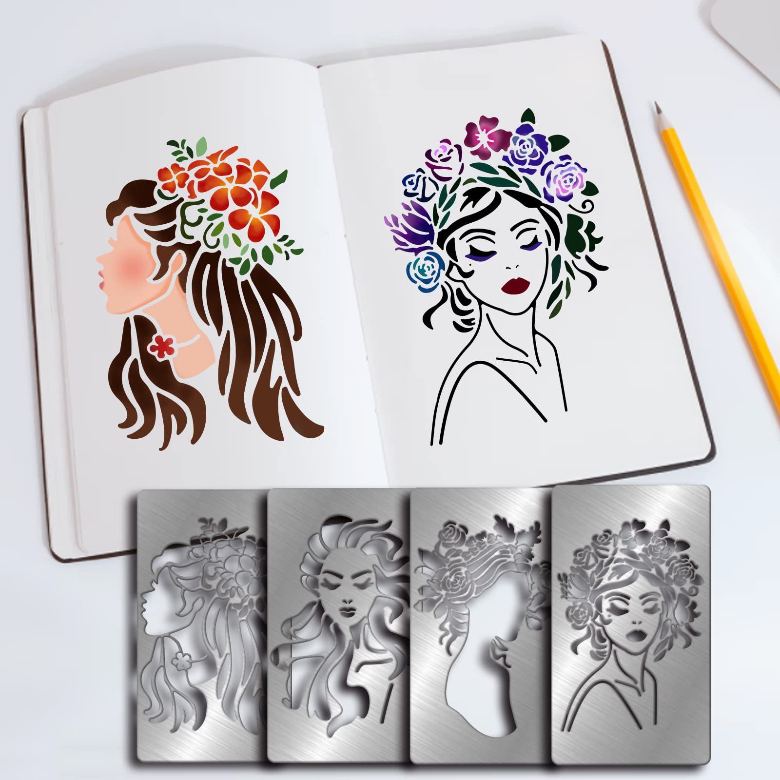 FINGERINSPIRE 4 Pcs Women Theme Metal Journal Stencil Metal Painting Template Stainless Steel Multifunctional Planner Metal Stencils Templates for DIY, Engraving, Painting, Scrapbooking
