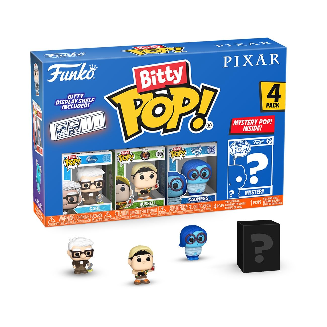 Funko Bitty Pop! Pixar - UP 4PK​ - Carl, Russell (Dug Days), Dug and A Surprise Mystery Mini Figure - 0.9 Inch (2.2 Cm) - Pixar Collection Collectable - Stackable Display Shelf Included - Gift Idea