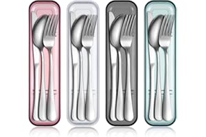 Yinkin 4 Pack Portable Travel Utensils Set with Case Reusable Stainless Steel Silverware Flatware Camping Cutlery Include Fork Spoon Knife for Work School Dishwasher Safe(White, Green, Red, Black)