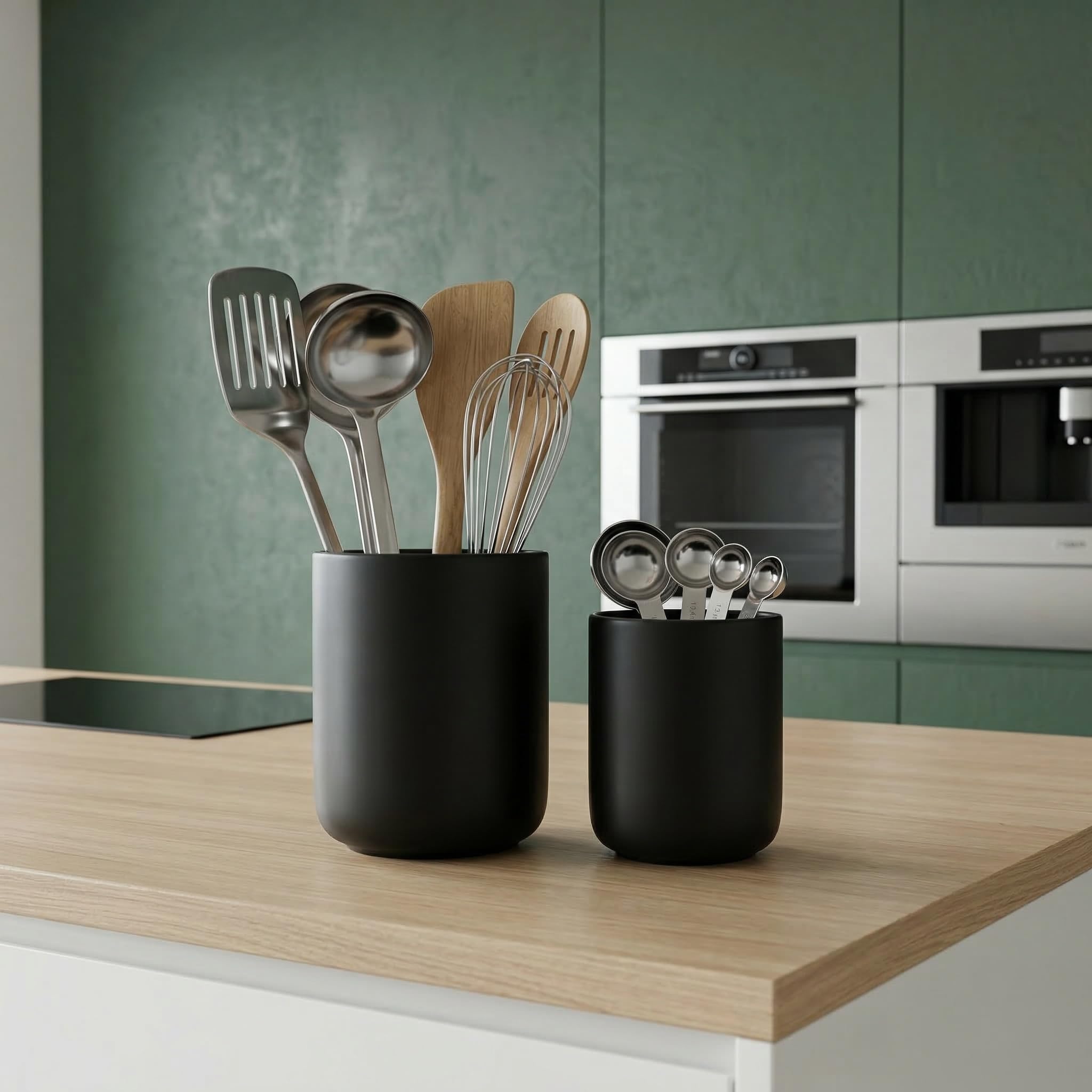 Vunanvu 2 Stück Küchenutensilienhalter Schwarz Utensilienhalter Keramik Küchentheke Behälter für Küchenutensilien Halter Leicht zu Reinigen Küchenhelfer Aufbewahrung für Löffel Spateln Messern Gabeln 7