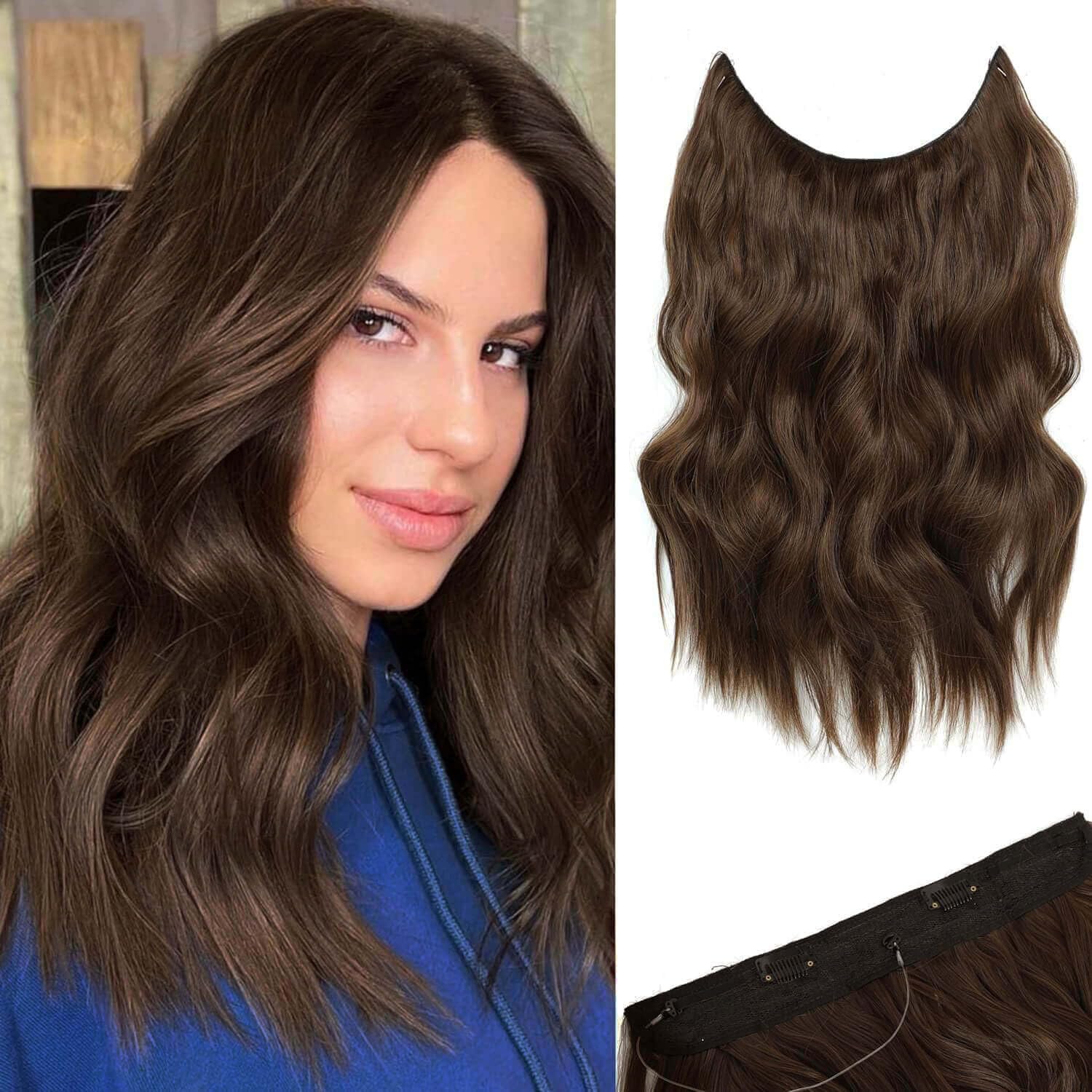 Ms TAj Brown Halo Hair Extensions 12 inch with Adjustable Size Removable Clips Invisible Secret Synthetic Curly Hairpiece for Women — image 1
