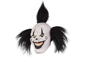 QULIGETA Halloween Evil Laughing Saw Clown Adult Costume Mask Creepy Killer Joker with Black Hair Cosplay Huanted House Props