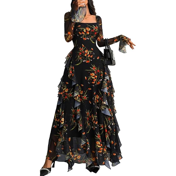 Casual Tiered Dress Layered Turtleneck Women Long Puff Sleeve Boho Floral  Loose Flowy Floor Length Maxi Dresses at Amazon Women's Clothing store