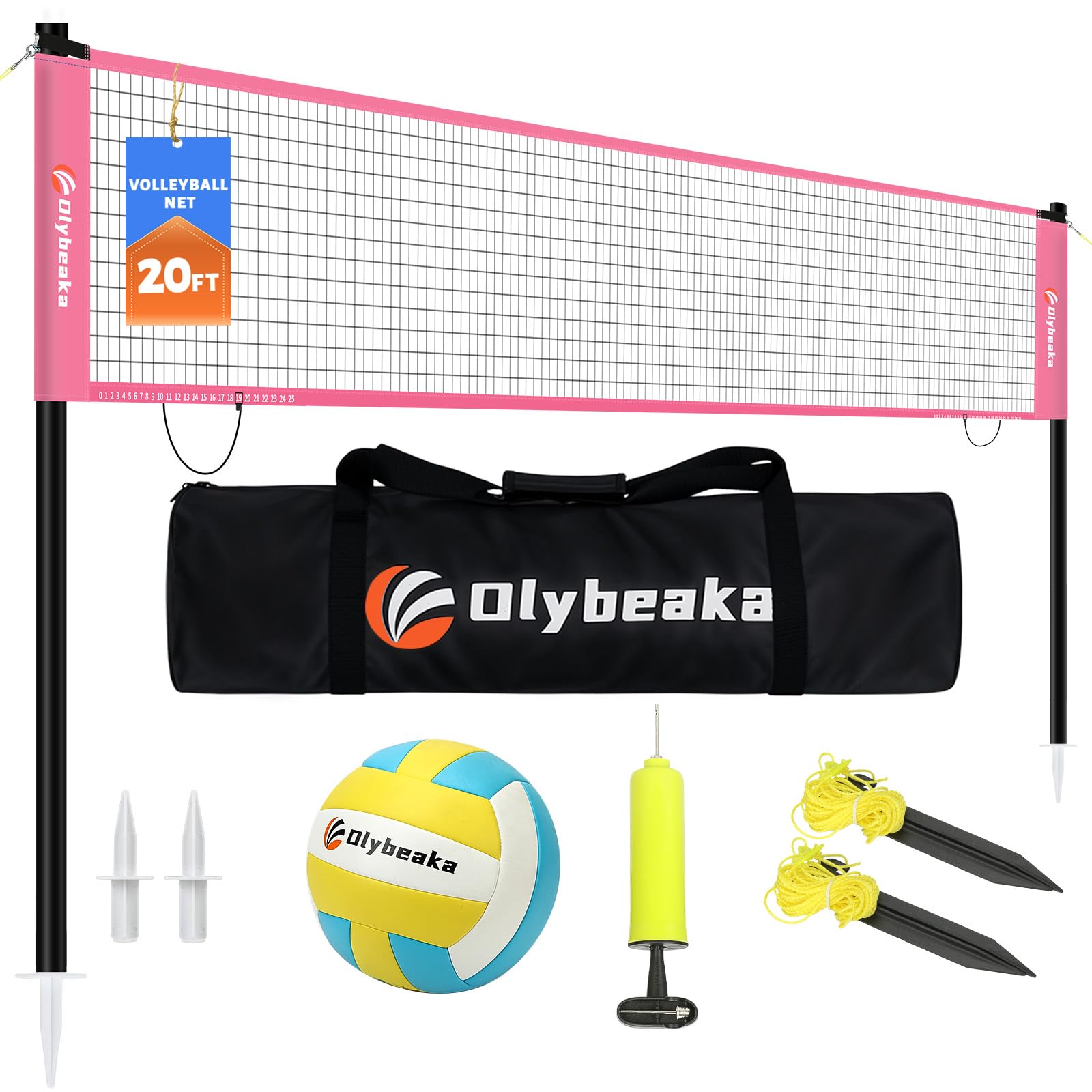 Photo 1 of 20FT Outdoor Volleyball Net Set System for Backyard Beach with Anti-Sagging Net, Iron Adjustable Height Poles, Soft PU Volleyball and Pump, Carry Bag - Instant Set Up & Durable (Pink)