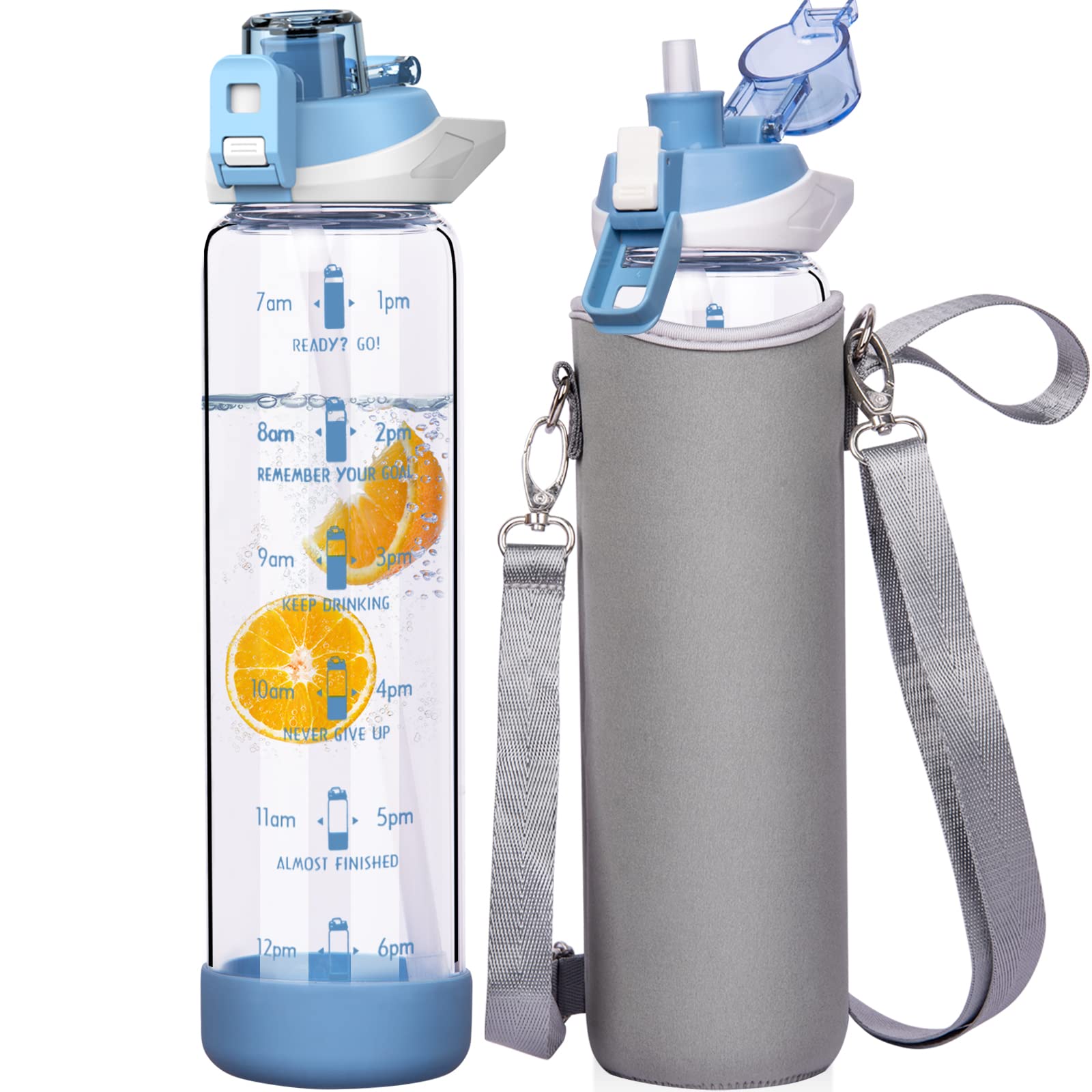 Seekua 1l Large Glass Water Bottle with Straw & Time Markings 1 litre Big Motivational Glass Drinking Bottle BPA free Leakproof