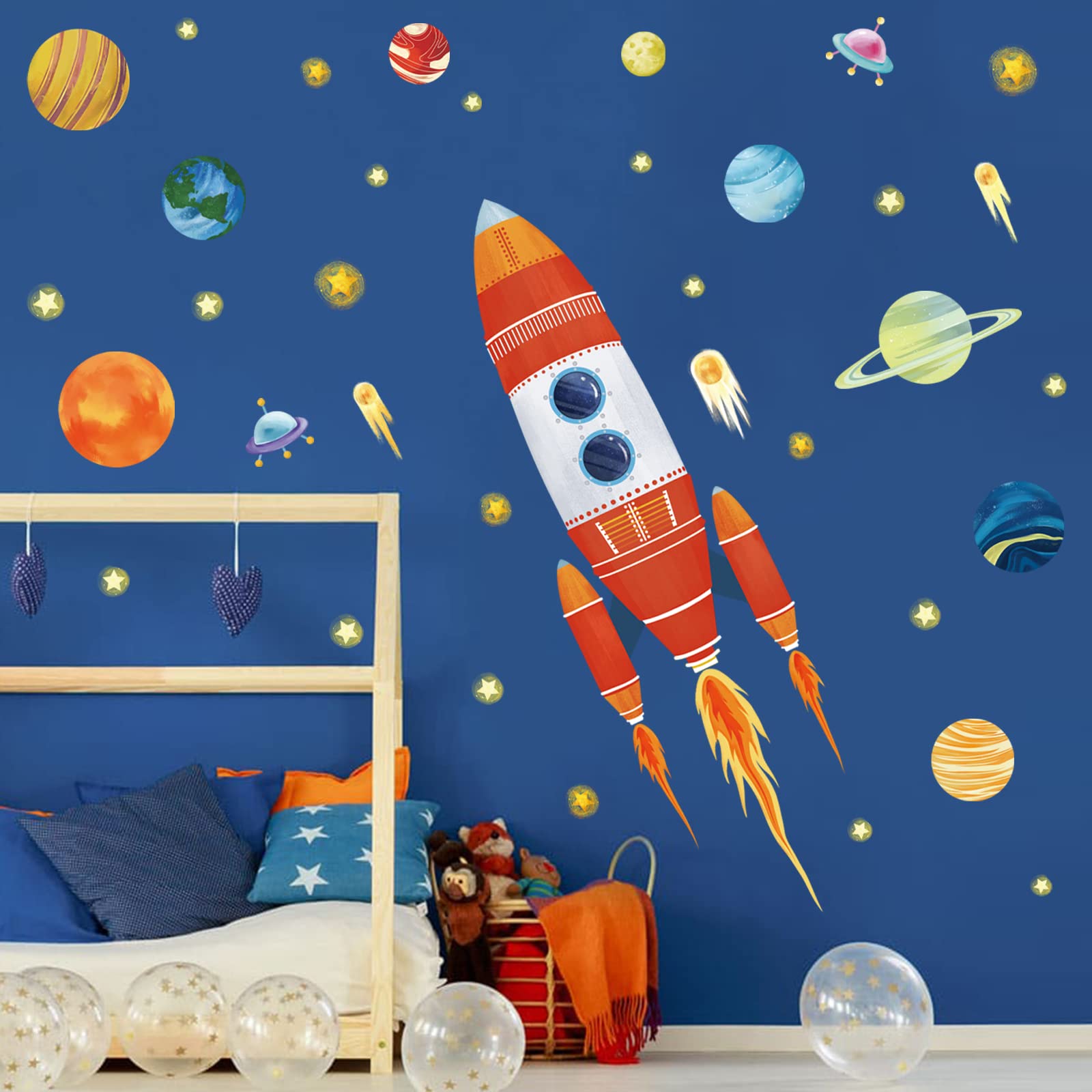 wondever Rocket Space Wall Stickers Kids Planets Peel and Stick Wall Art Decals for Baby Nursery Boy Bedroom Playroom