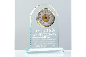 QIANRUNA 15th Wedding Anniversary Glass Clock Gifts, 15 Years of Marriage Quartz Clock Gifts for Couple, Happy 15th Anniversary Clock Decoration Gifts