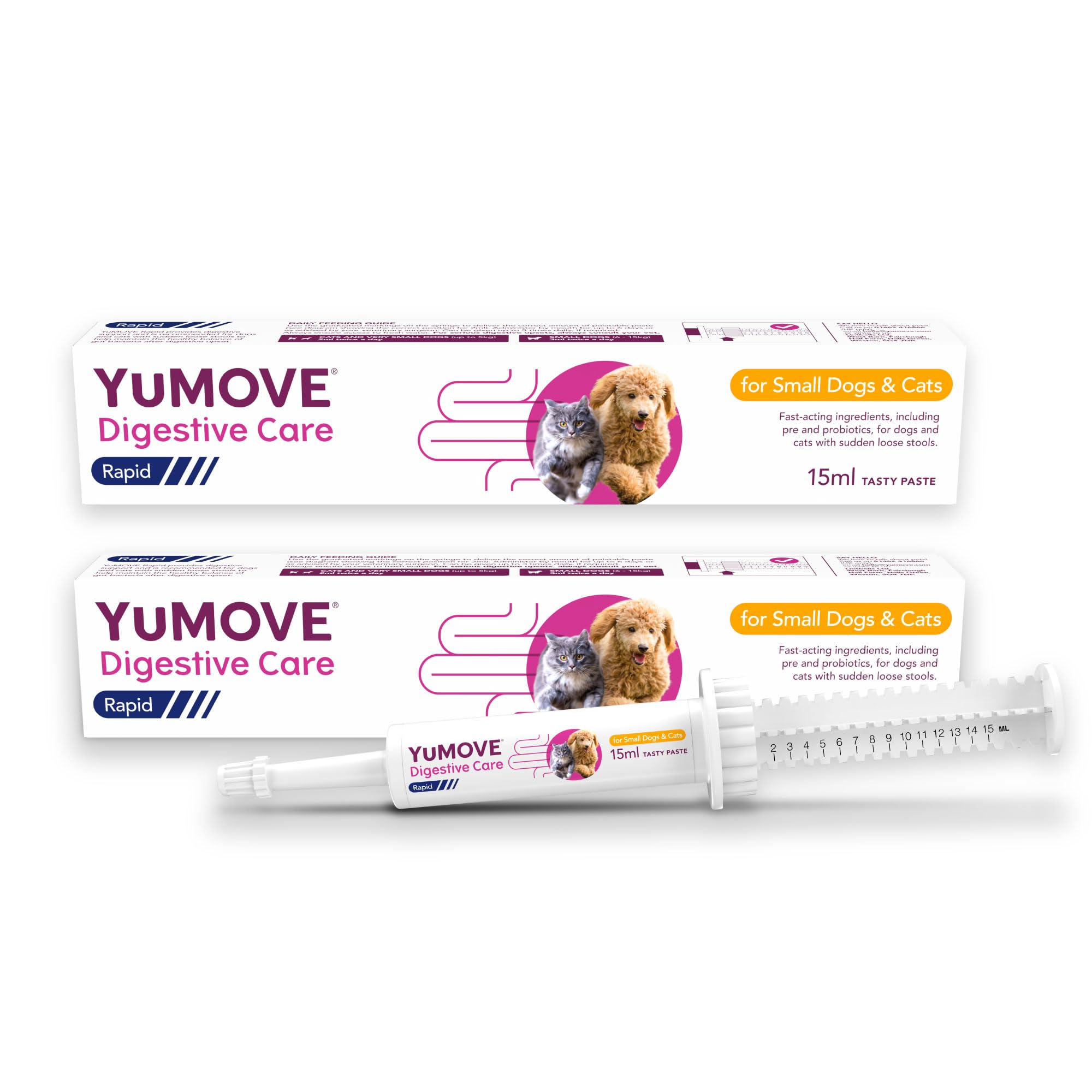 YuMOVE Digestive Care Rapid, Dog & Cats Pre and Probiotic Paste for Gut Health, Digestive Supplements with Fast-Acting Ingredients for Small Dogs & Cats, 2 x15ml