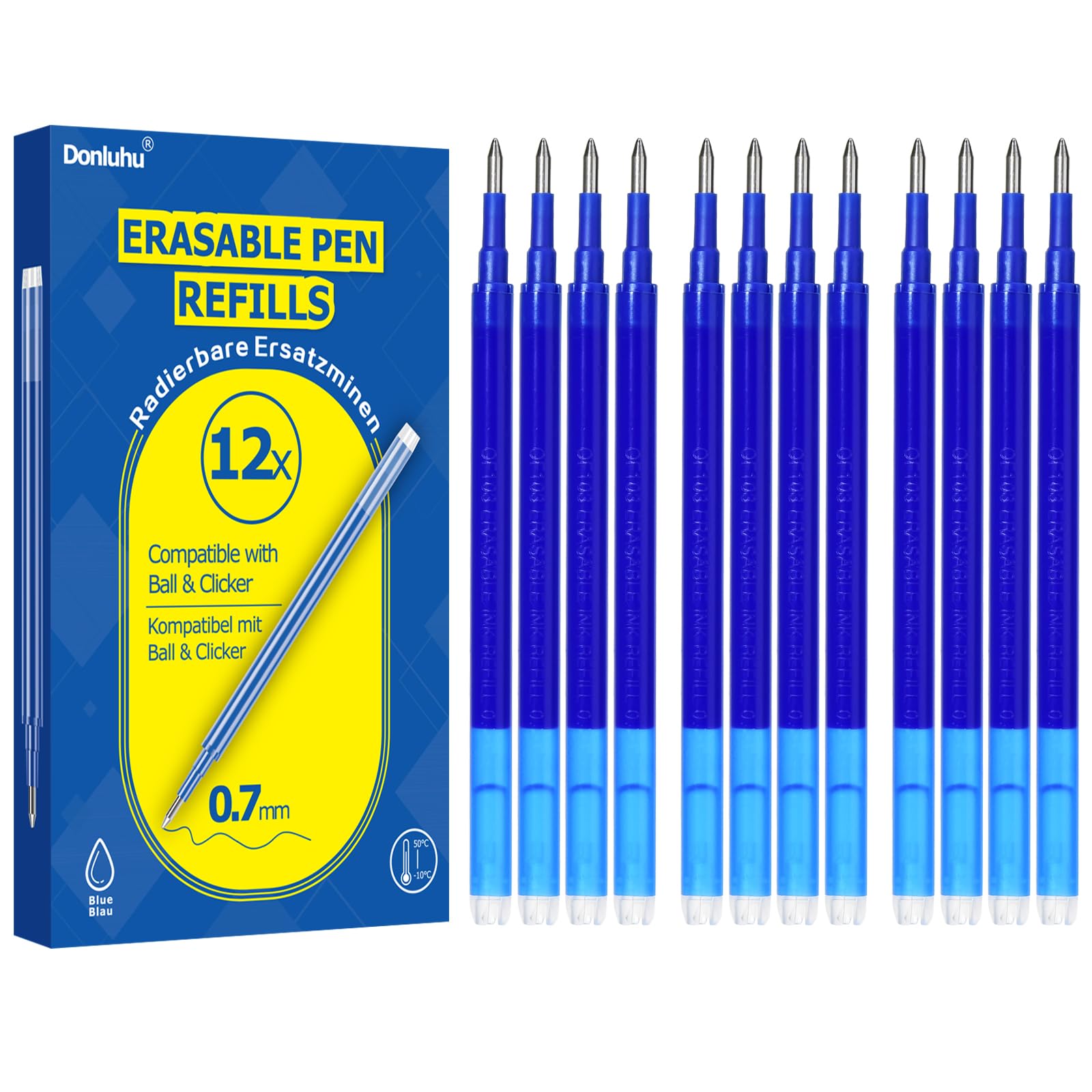 Donluhu 12 x Erasable Refills 0.7 mm | 400 m Writing Length Blue | Compatible with Pilot FriXion Ball & Clicker & Eberhard Faber | Replacement Refill for Gel Pen Erasable | Practical for School and