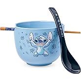 Silver Buffalo Disney Lilo and Stitch Hands Up Leaves and Flowers Ceramic Ramen Noodle Rice Bowl with Chopsticks and Spoon, Microwave Safe, 20 Ounces