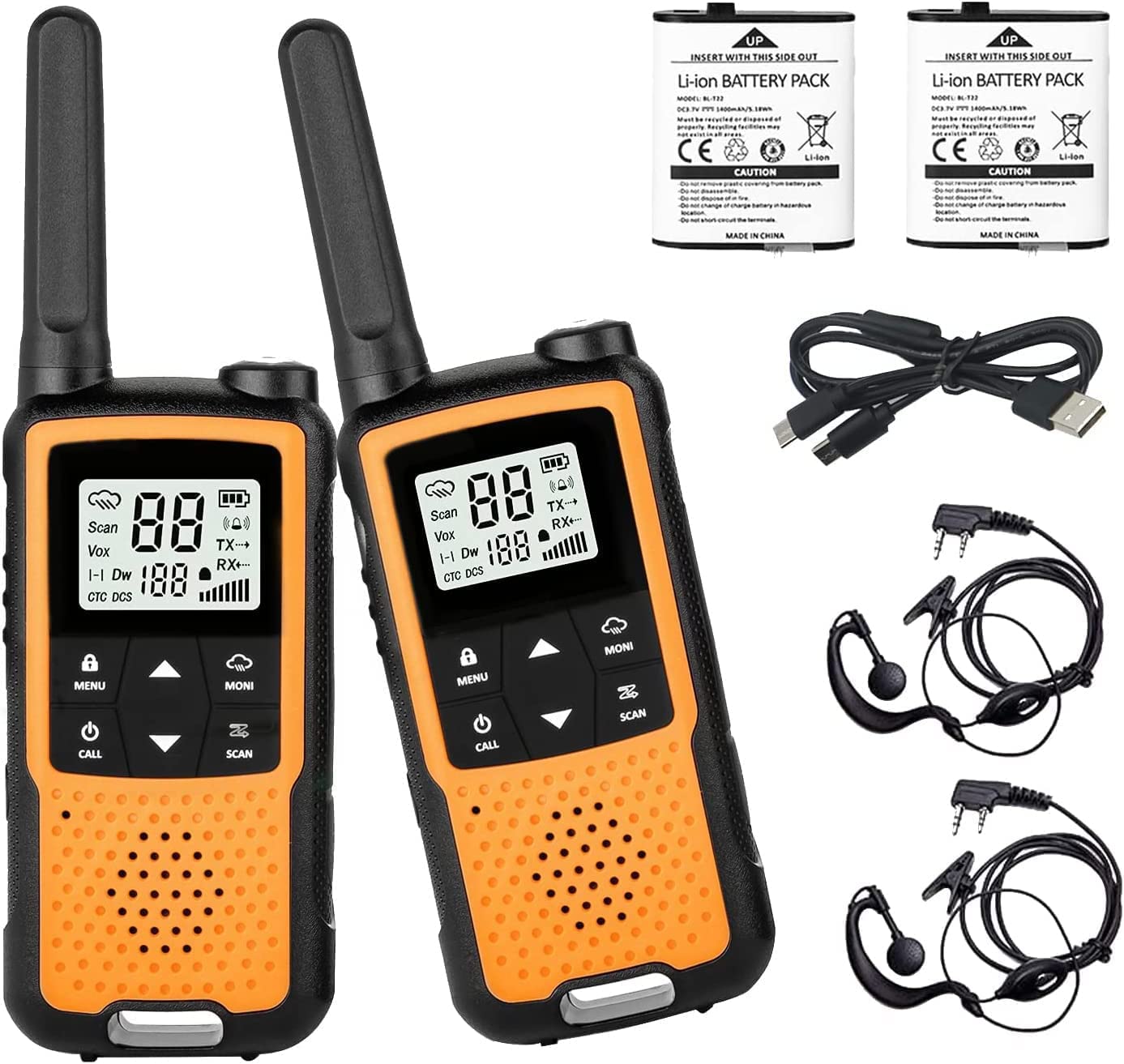 Walkie Talkie Rechargeable, Greaval PMR446 Two Way Radio, 22 Channels Long Range Walkie Talkies for Adults, License Free Walky Talky with Earpiece and USB Cable (Orange 2 Pack)