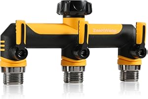 ZAAKWANG Full Flow Heavy Duty 3 Way Hose Splitter, Rugged Garden Faucet Adapter, Spout Diverter T - Way Adapter with Extended Handle, 3/4” GHT Thread, Yellow