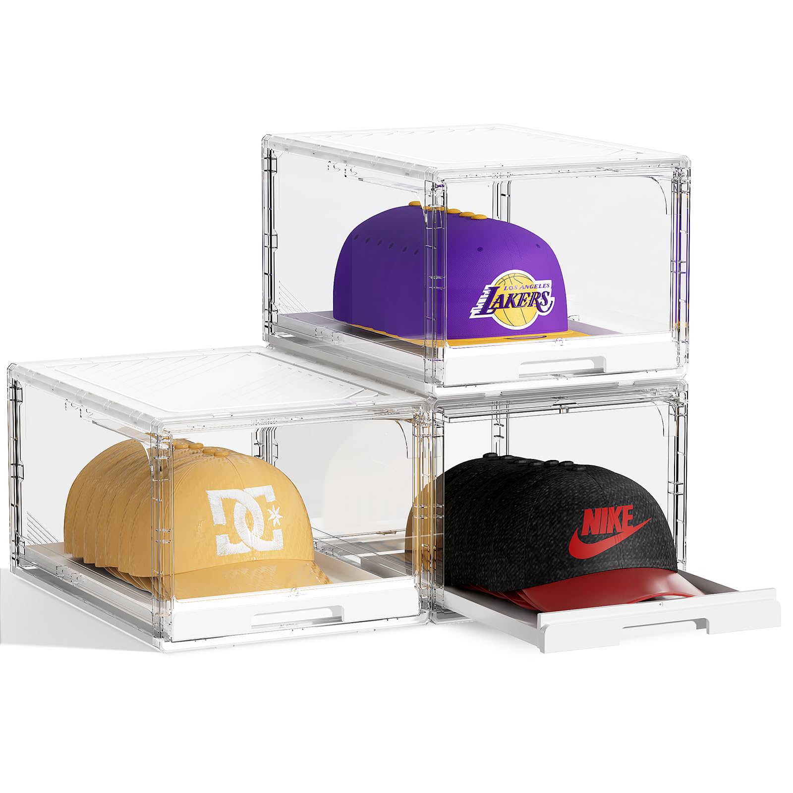 Photo 1 of 3 Pack Hat Organizer for Baseball Caps Storage Organizer with Sliding Trays, Stackable Hat Boxes Holder Rack with Drawer, Clear Display Case for Hats Snapback Cap, Hold 12 Hats Each