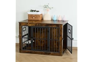 Gardner Pet Dog Crate Furniture for Medium Dogs, 38.8 Inch Dog Kennel Indoor, Wooden Dog Cage End Table with 2 Removable Bowls, Heavy Duty Dog Crate, Rustic Brown