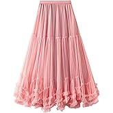 COZYPOIN Maxi Tulle Skirts for Women Elastic High Waisted A Line Long Layered Tutu Mesh Ruffles Tiered Flowy Fairy Skirt