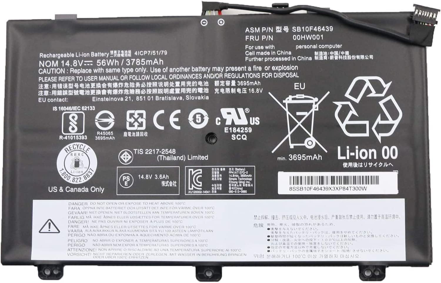00HW000 00HW001 SB10F46438 SB10F46439 4ICP7/52/76 Laptop Battery Replacement for Lenovo ThinkPad S3 Yoga 14 Series Notebook 20DM 20DN (14.8V 56Wh 3785mAh)