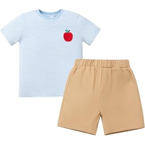 IBTOM CASTLE Toddler Boys Back to School Outfit Embroidered Shirt Shorts | Boy Back to School Outfit Apple or Bus Embroidery