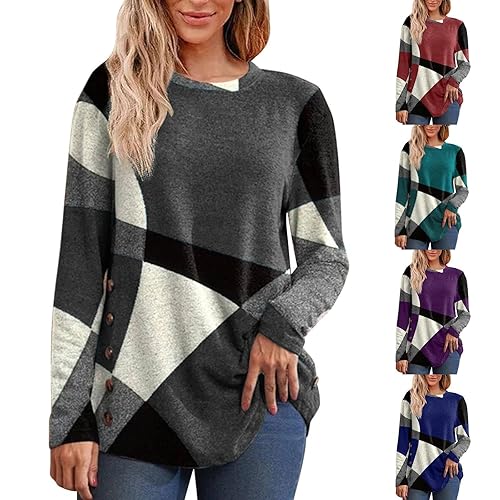 Jumpers for Women UK 2025 Autumn Winter Fleece Tops Ladies Casual Long Sleeve Crewneck Pctchwork Printed Pullover Trendy Geometric Print Blouse Ladies Elegant Sweater 1-Grey XL
