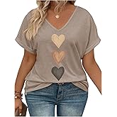 SOLY HUX Women's Plus Size Short Sleeve T Shirts V Neck Heart Graphic Summer Tee Tops