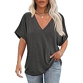 Cicy Bell Womens Summer Oversized T-Shirts V Neck Rolled Short Sleeve Casual Tops Loose Fit Tunic Tees