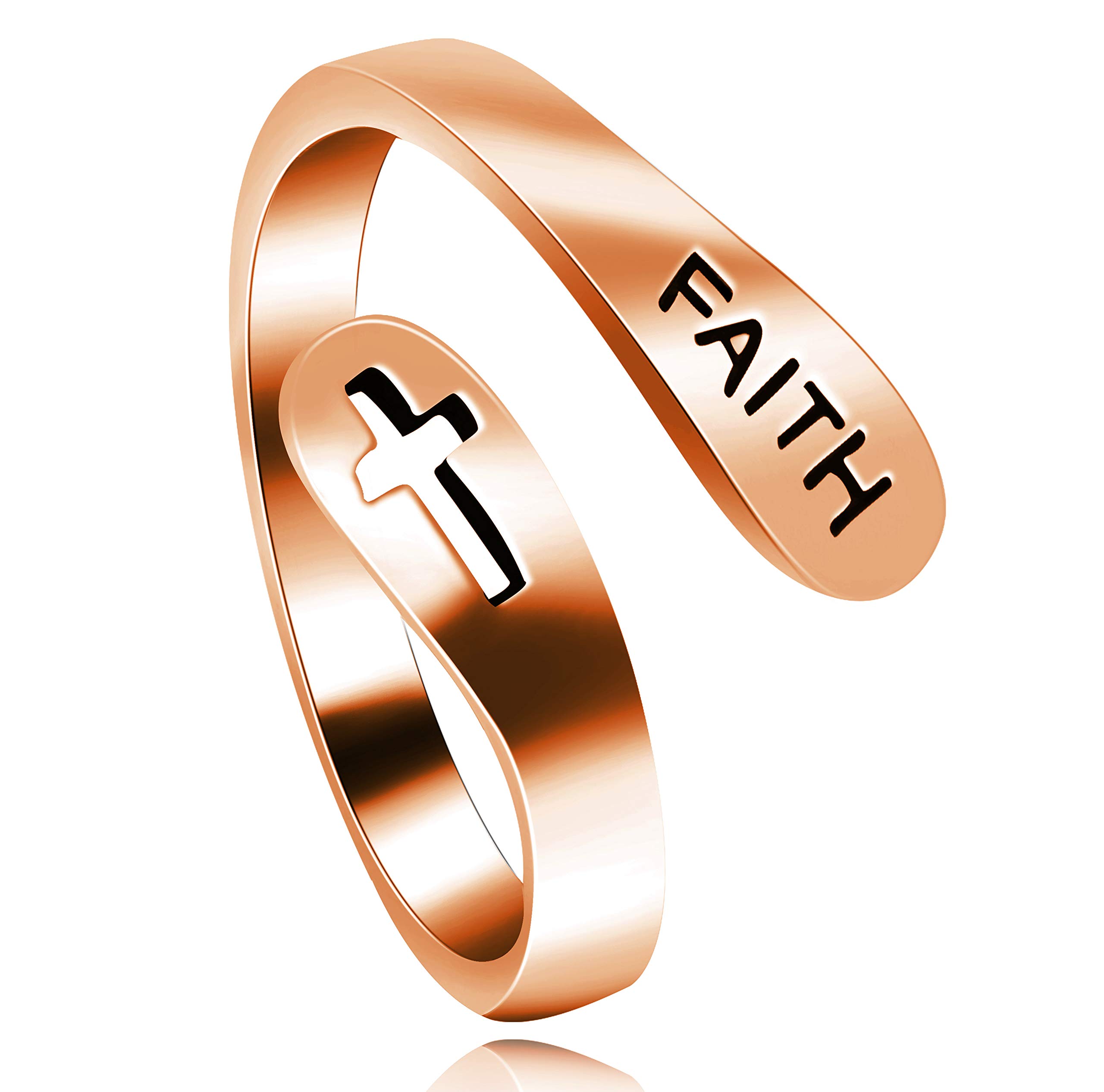 Uloveido 925 Sterling Silver FAITH Cross Adjustable Ring, Rose Gold Plated Hollow Cross Religious Rings for Women Y531(rose gold)