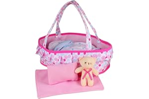 YOUNG BUDS Baby Doll Cradle Bassinet Portable Doll Carrier Carry Bag Doll Bed,Baby Doll Accessories Playset,with Doll Clothes Soft Pillow Quilt Blanket Bear,for 8-9-10-11-12 Inch Smaller Alive Baby Doll