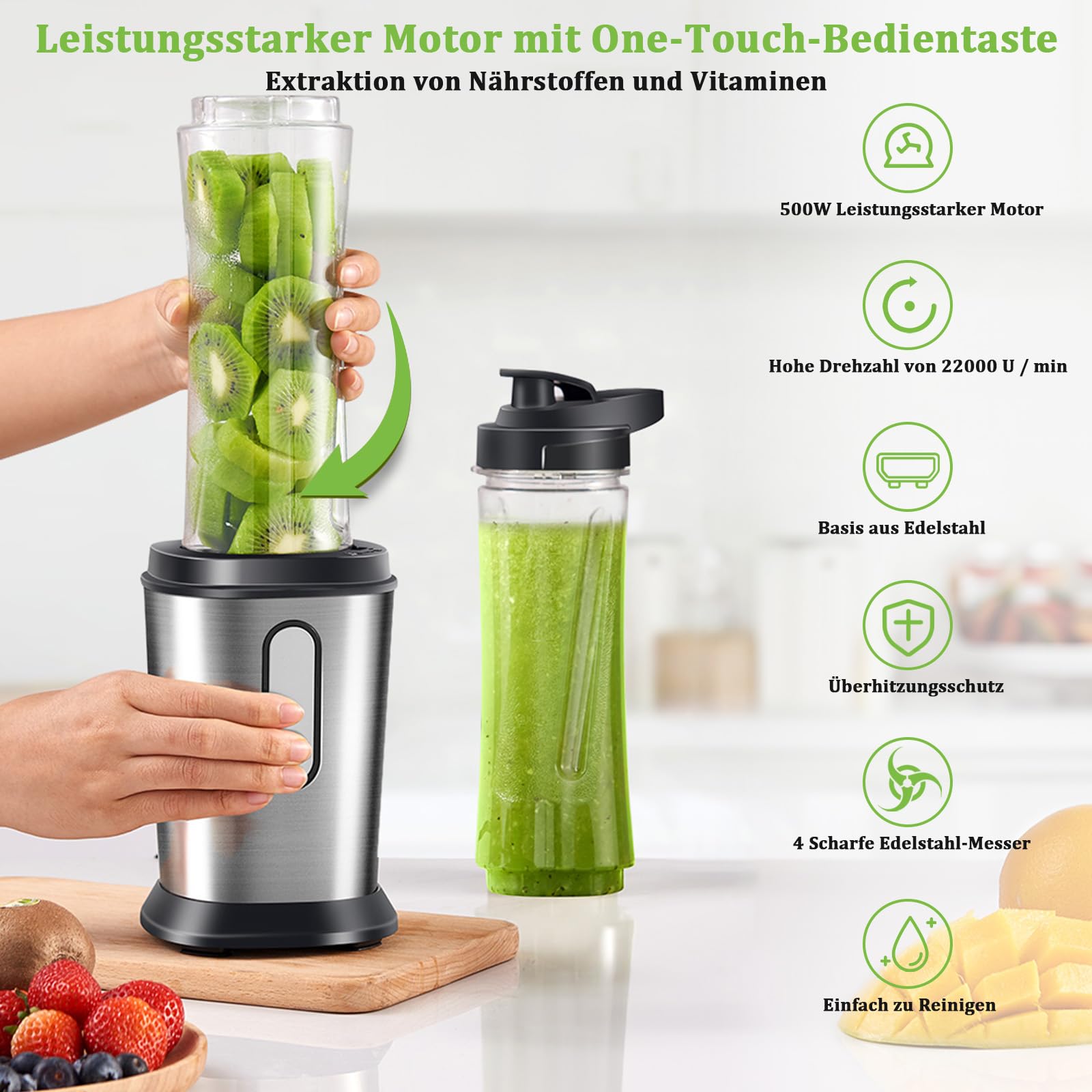 Mixer, 500W Mini Standmixer & Smoothie Maker mit 2x600ml Flaschen BPA frei Tritan, Tragbarer Mixer Smoothie Maker aus Edelstahl 4-Blatt für Shake, Smoothie, Silber 3