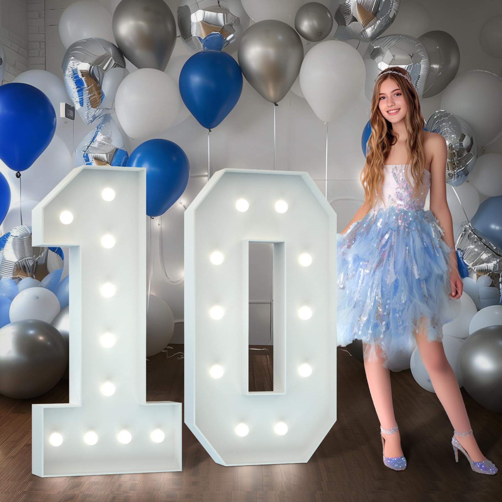 Photo 1 of Marquee Numbers 4 Feet Tall Big Light Up Numbers 10th Happy Birthday Decorations Girl Boy White Anniversary Party Decor Large Cardboard Prop Backdrop Sign 10