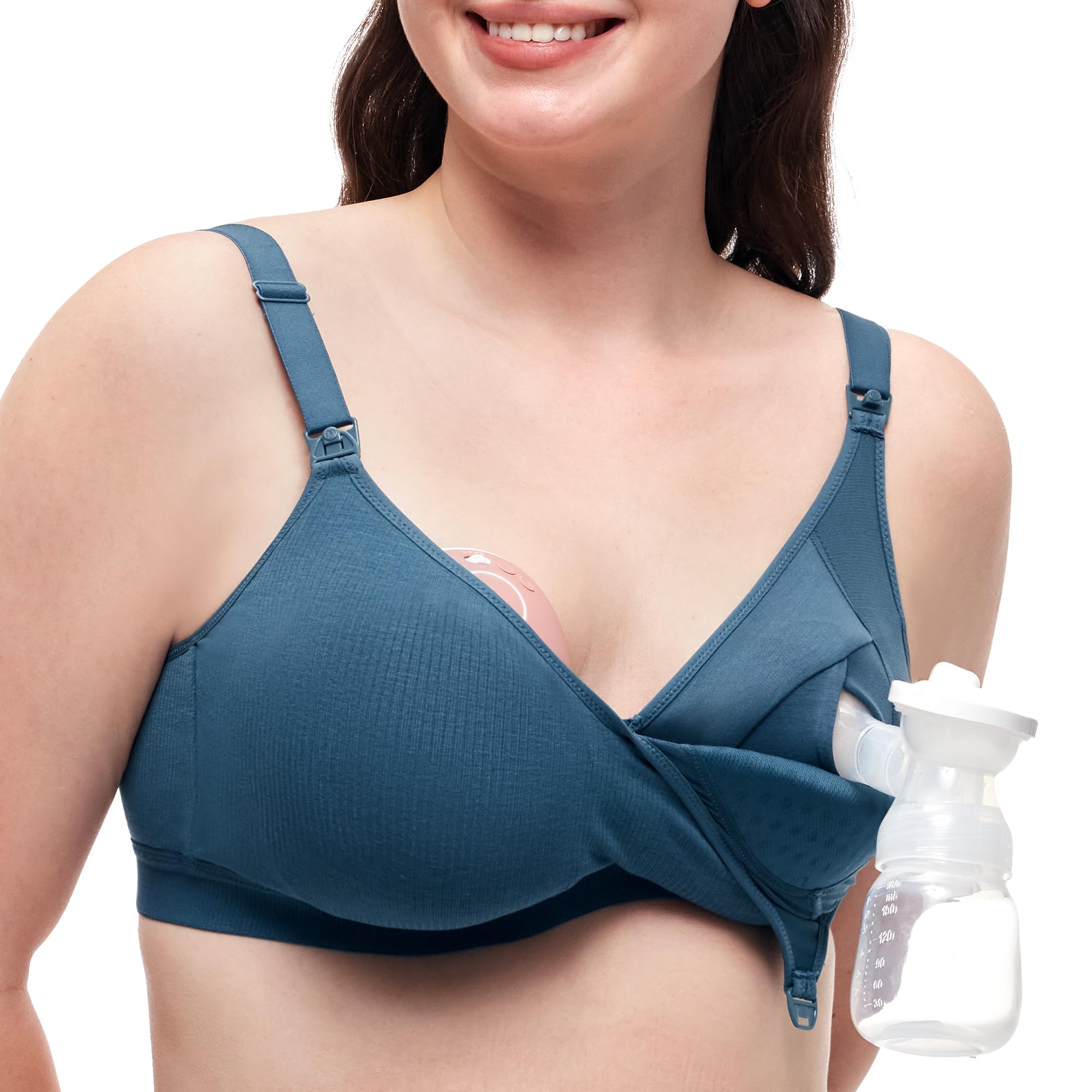 Photo 1 of Momcozy Hands-Free Pumping Bra, Wireless & Seamless Breast Pump Bra, Breathable Tencel™ Fabric & Fully Fixed Cups Nordic Blue