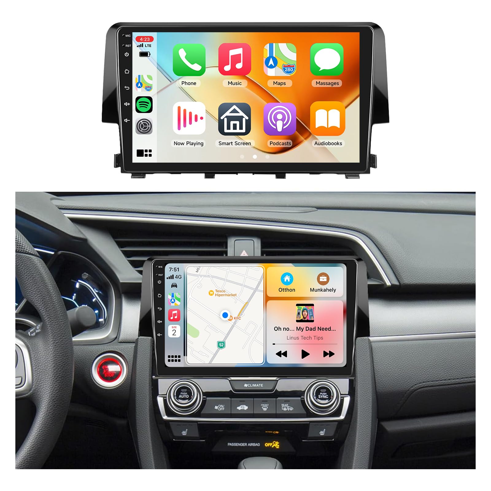 Photo 1 of 4GB+64GB Android 13 Radio for Honda Civic 2016-2020 Car Stereo,Wireless Carplay Android Auto,5.0 Bluetooth 32EQ,9inch 1280x720P IPS Touch Screen,FM/RDS GPS WiFi IP69K AHD Backup Camera