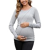 DEBELLY Maternity Long Sleeve Shirt Pleated Crew Neck Pregnancy Top for Women Side Ruched Work Lounge