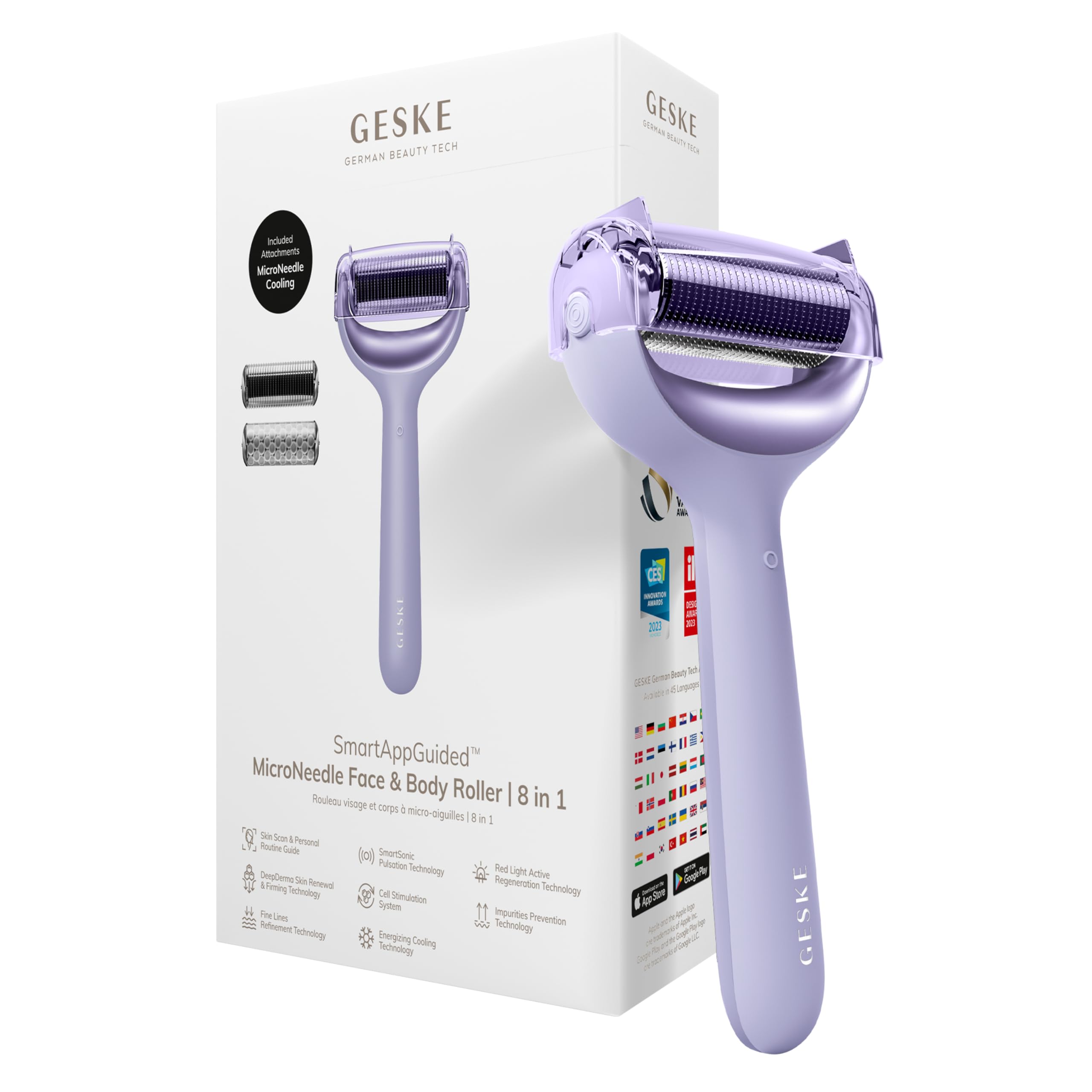 GESKE SmartAppGuided™ MicroNeedle Face & Body Roller | 8 in 1 | Derma Roller | Electric roller | Microneedling device | Needle roller | Beauty roller for face and body