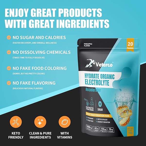 VETERCO HYDRATION ELECTROLYTE POWDER, ELECTROLYTE DRINK, HYDRATION SUPPLEMENT DRINK MIX, HYDRATION PACKETS WITH VITAMIN & MINERAL, KETO FRIENDLY, VEGAN, NON-GMO, NO SUGAR, PINEAPPLE FLAVOR (20 STICKS)