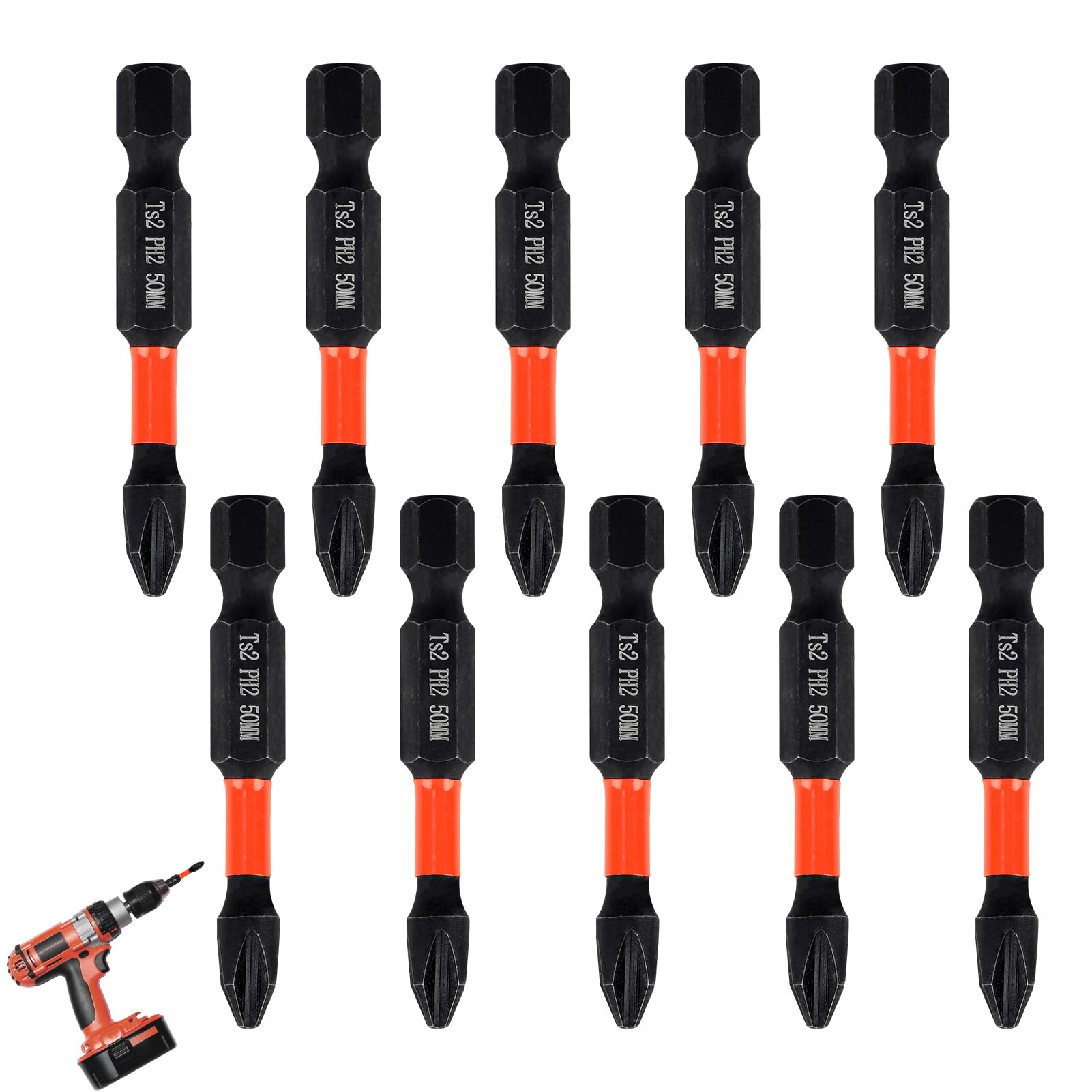10pcs PH2-50mm Pozi-Drive 2 Impact Duty Screwdriver Drill Driver Bits Sets,Anti-Slip Strong Magnetic Head Phillips Screwdriver Bits,Suitable for Furniture Assembly,Home Appliance and Mechanical Repair