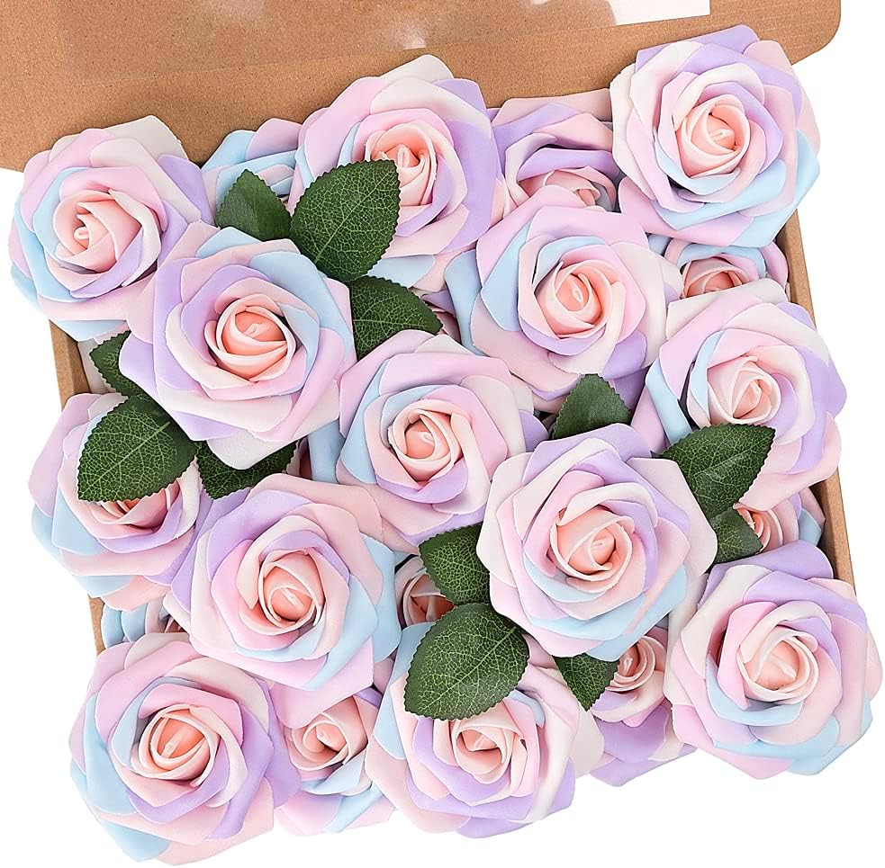 N&T NIETING Artificial Flowers Roses, 25pcs Real Touch Rainbow Foam Roses with Stems for Wedding Bridal Bouquets, Valentine's Day, Mother's Day, Baby Shower, Home Decor