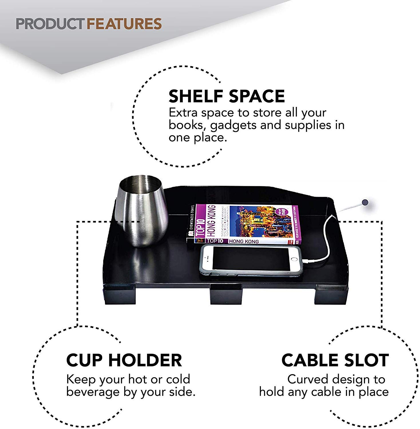 Modern Innovations Bedside Shelf for Bed, College Dorm Room, Top Bunk, Clip On Nightstand Tray with Cord and Cup Holder, Bunkbed Caddy for Table Storage (Black)