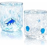 Wtruoy 2 Pcs Ocean Theme Glass Cups, Clear Glass Cup 14 oz, Hand-Blown Glass for Iced Coffee Juice Cocktails Water, Summer Beverage Glassware for Home Party Daily Use