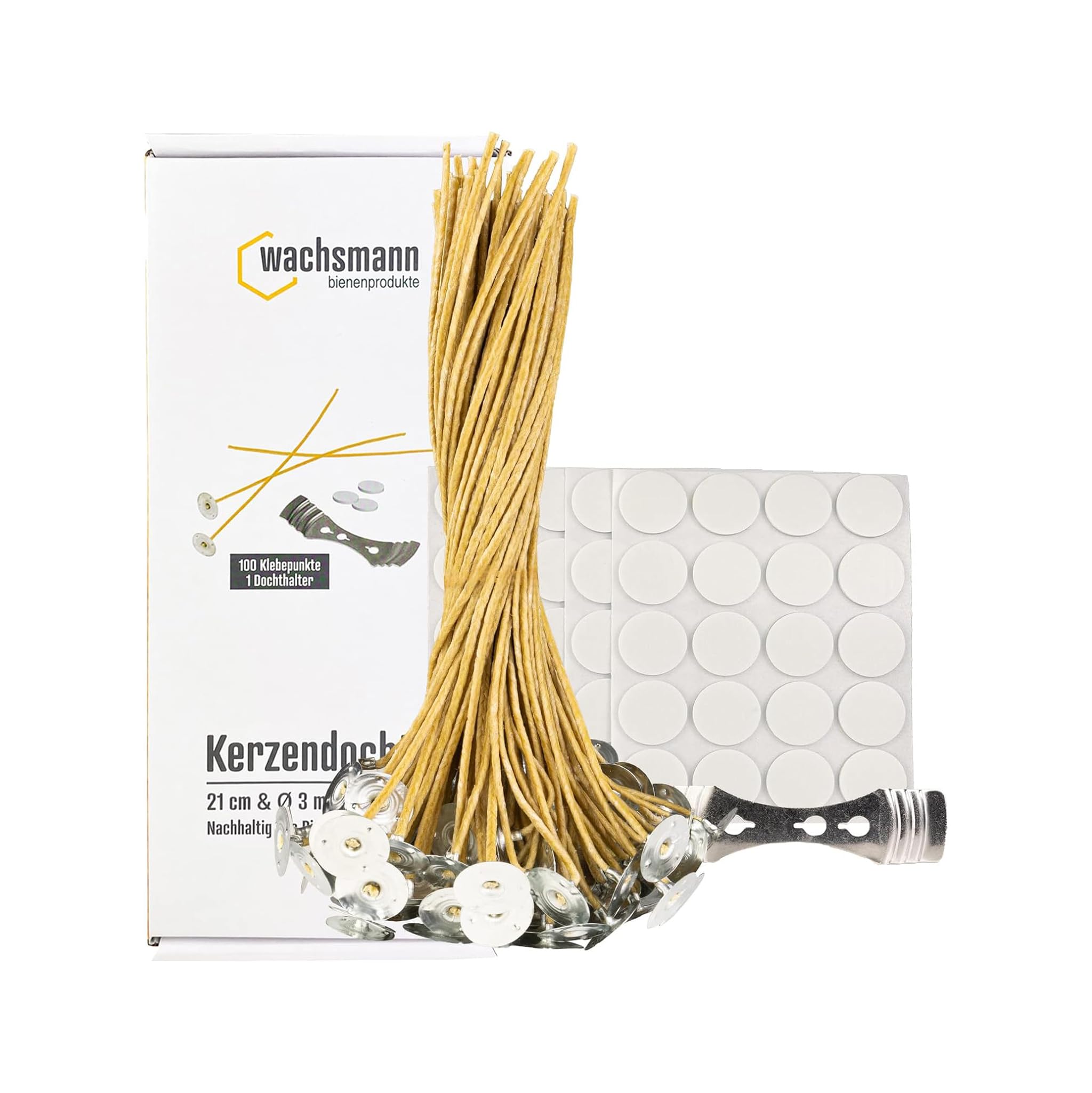 Wachsmann Candle Wicks Paraffin Free, 100 Pcs - Sustainable Beeswax & Hemp, Various Lengths & Diameters, Waxed with Base, Set with Adhesive Dots and Wick Holder