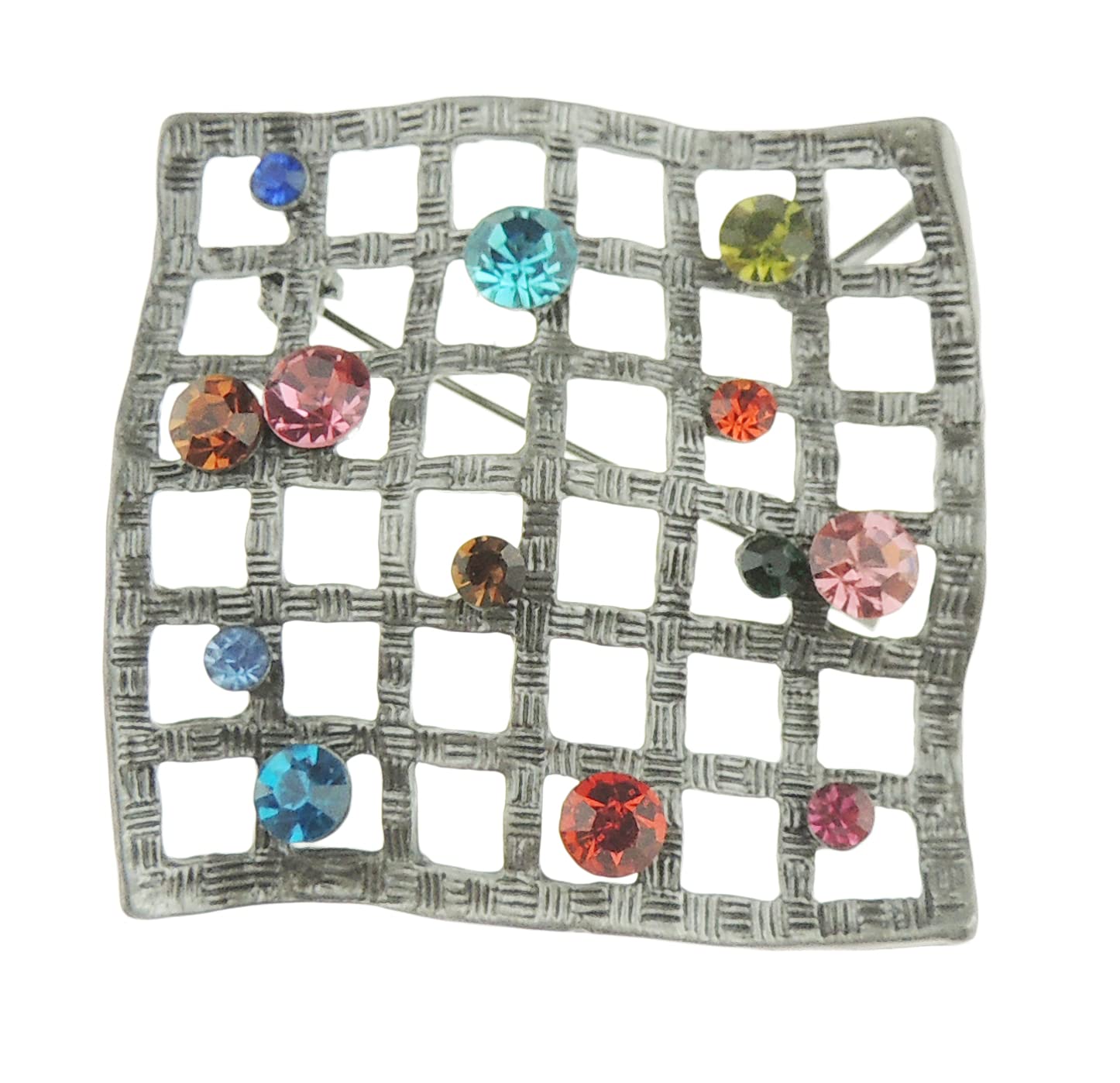 Womens Sparkly Vintage Look Silver Tone Modern Art Deco Blue Pink Red Jeweled Wedding Christmas Birthday Gift Scarf Diamante Crystal Brooch Badge Breastpin Corsage Pin Square Cameo Boxed