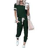 PRETTYGARDEN Women Summer Two Piece Outfits Striped Short Sleeve Pullover and Long Pants Tracksuit Travel Pajama Lounge Set