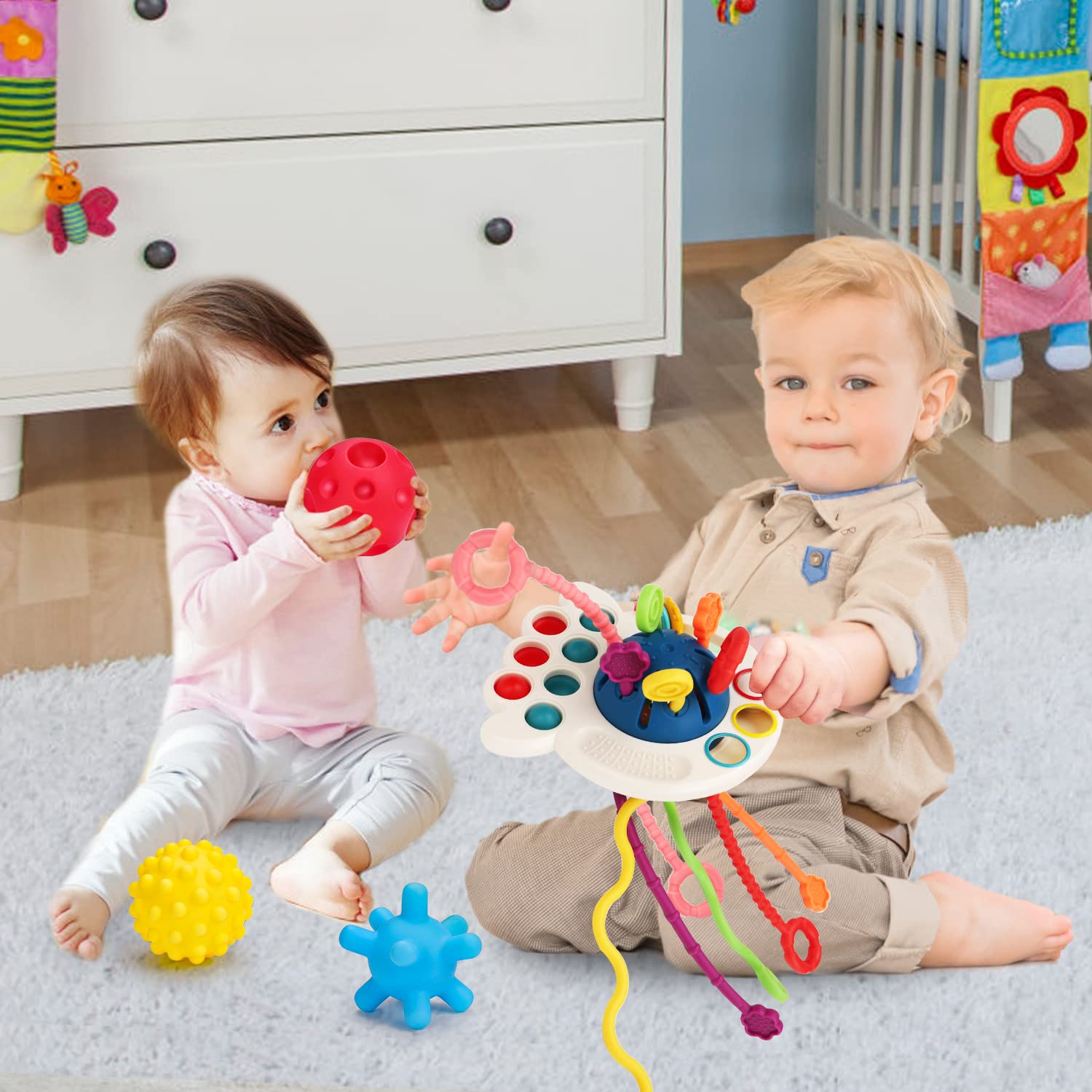 Baby Sensory Montessori Toys for 6-12-18 Months Sensory Balls Pull String Toys for Babies 0-6 Months Teething Developmental Toy for 1 Year Old Boys Girls Christmas Birthday Gifts 9-12 Month Old Infant