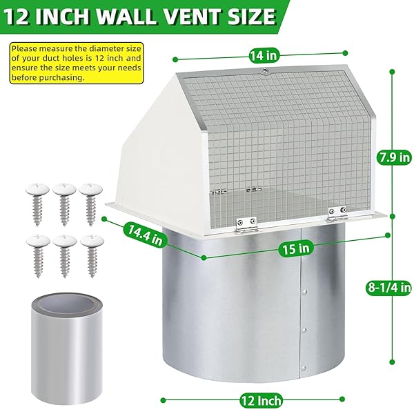 12 INCH HOODED WALL VENT WITH SCREEN AND DAMPER, OUTDOOR WALL EXHAUST VENT COVER CAP FOR DUCT DRYER RANGE HOOD EXTERIOR HEATING COOLING VENTILATION AND OUTSIDE AIR EXHAUST, GALVANIZED STEEL, WHITE