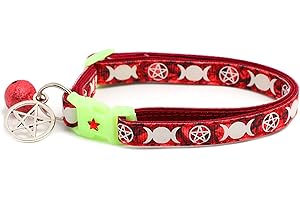 PUGS TO PERSIANS Wicca Cat Collar with Occult Charm & Bell | Witch’s Familiar Cat Collar | Witch Kitten Collar Charms | Glow in The Dark | Safety Breakaway Collar (Large(10lbs & Up), Ruby)