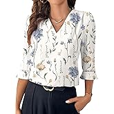 EVALESS Women's 3/4 Sleeve Tops Dressy Casual Pleated V Neck Business Work Blouses Office Shirts