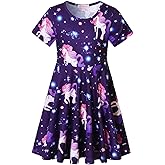 Girls Unicorn Dresses Summer Swing Short Sleeve Casual Clothes for Little Kids