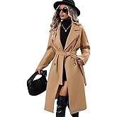 utcoco Womens Long Wool Pea Coat Notched Lapel Double Breasted Trench Coat Winter Warm Overcoat with Belt